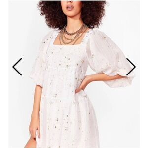 Nasty Gal White Star Print Tiered Square‎ Neck Mini Dress Puff Sleeve Size 8